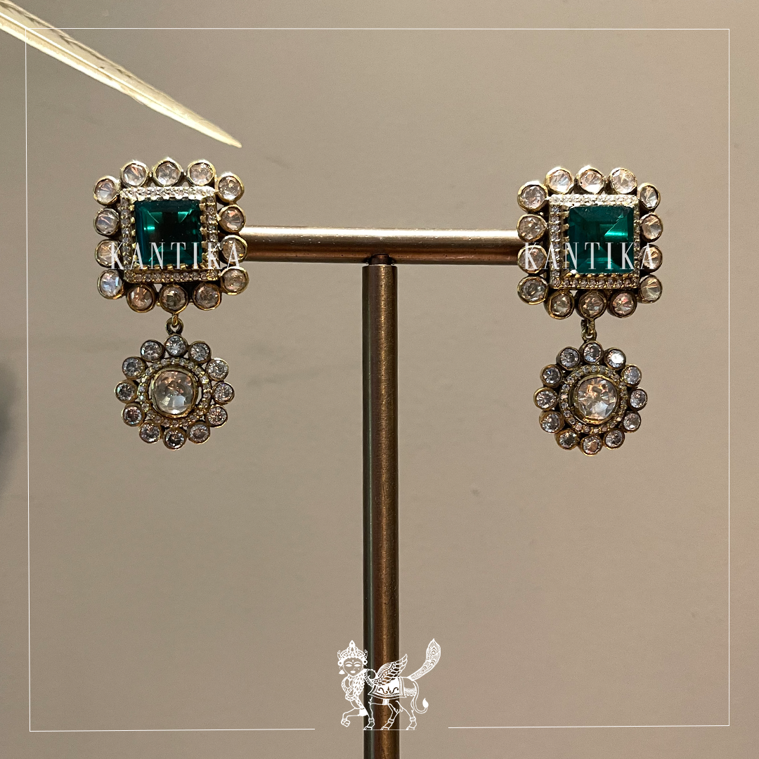 Silver Tone Emerald Earrings