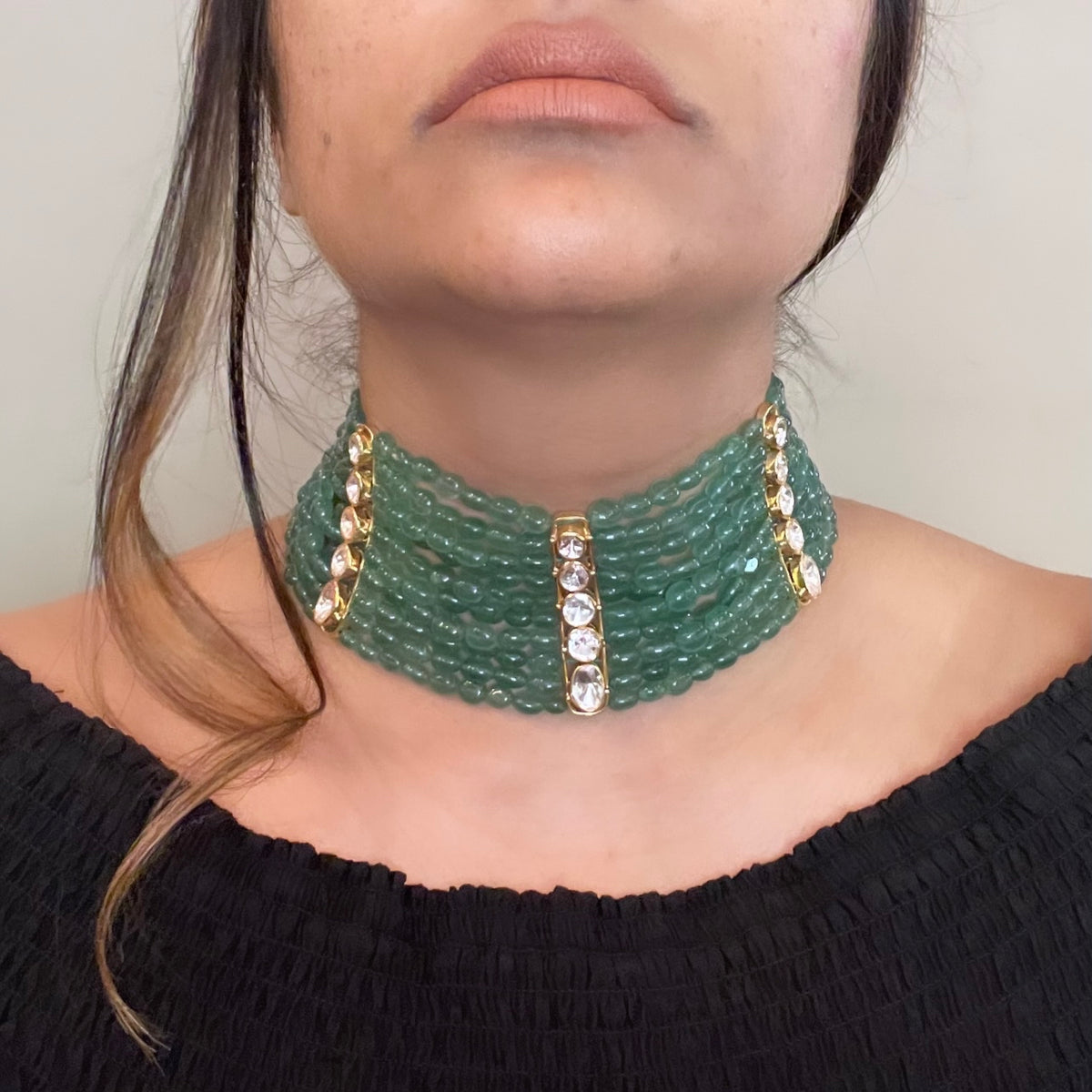 Green beads 5 Polki layered choker