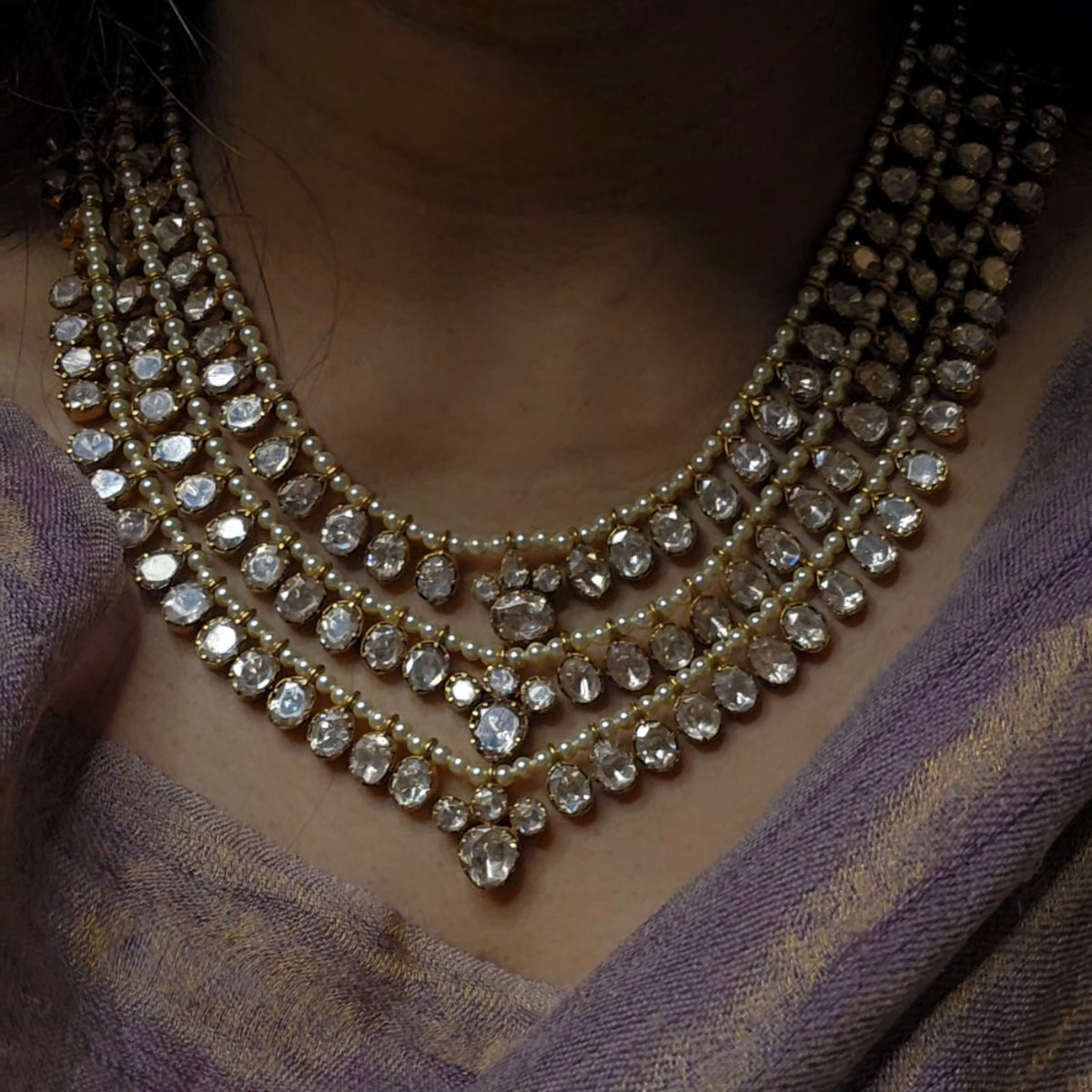 Three tier polki necklace