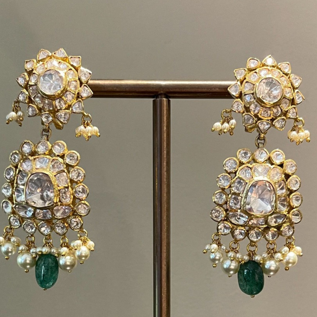 Enchanting Green Polki Square Pearl Earrings