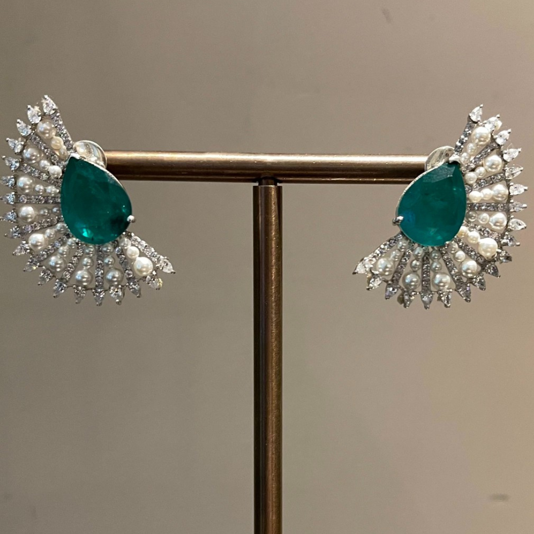 Emerald Crescent Pearl and Diamond Studs