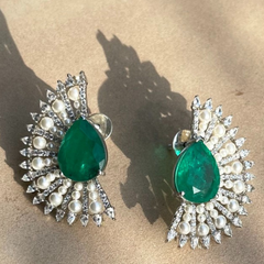 Emerald Crescent Pearl and Diamond Studs