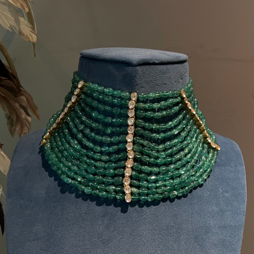 Green Glimmering Polki Waterfall Choker